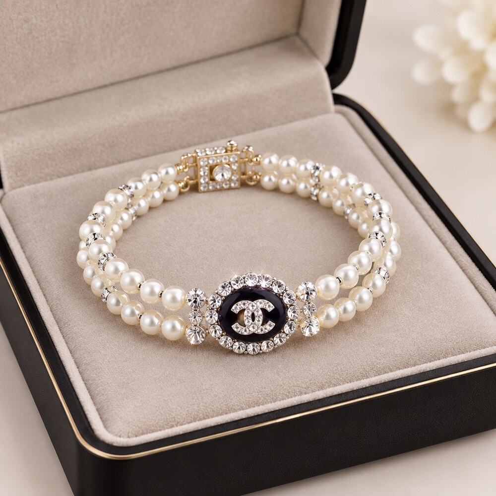 FASHION ONLYLuxury Double Strand Glass Pearl Bracelet, Heavy Crystal Black Ename